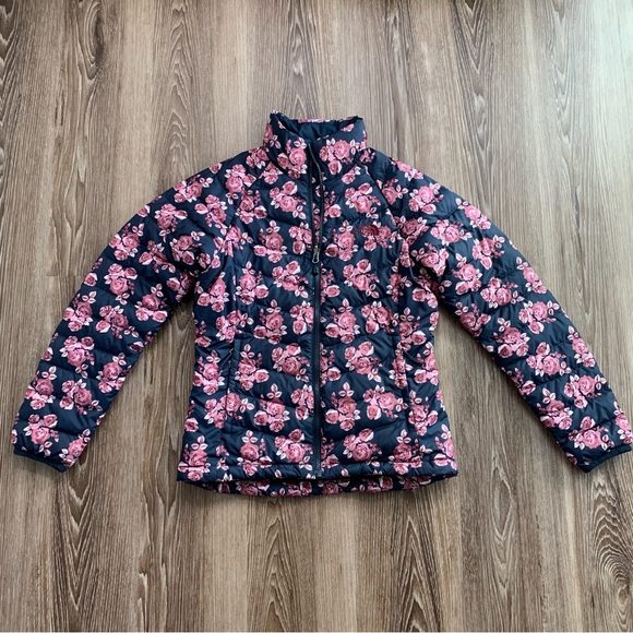The North Face Womens Down Full Zip Puffer Jacket Floral Print Navy Pink Small - Picture 2 of 16